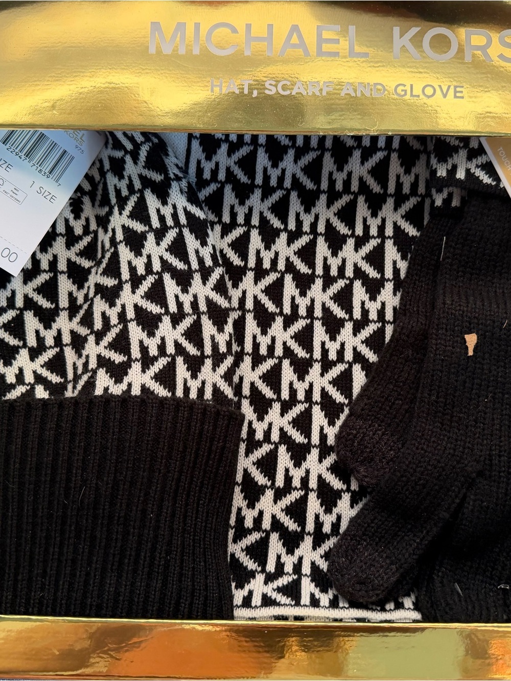 Michael Kors Black and White MK Logo scarf hat gloves set